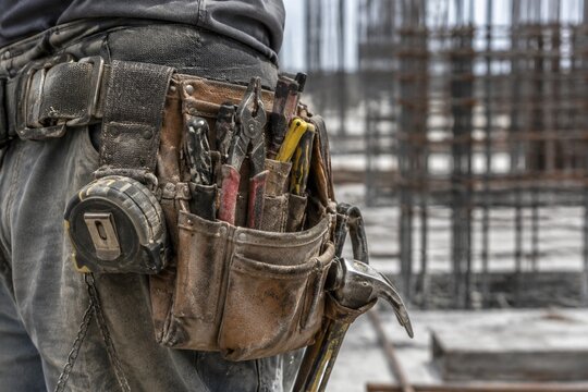 Close-up of a worker's dusty tool belt on a construction site with rebar.