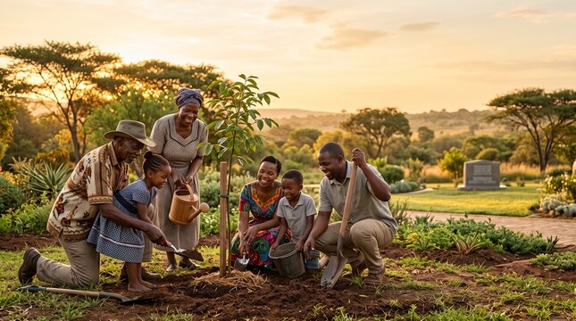 An African multi-generational family happily planting a tree together in a sunny countryside garden