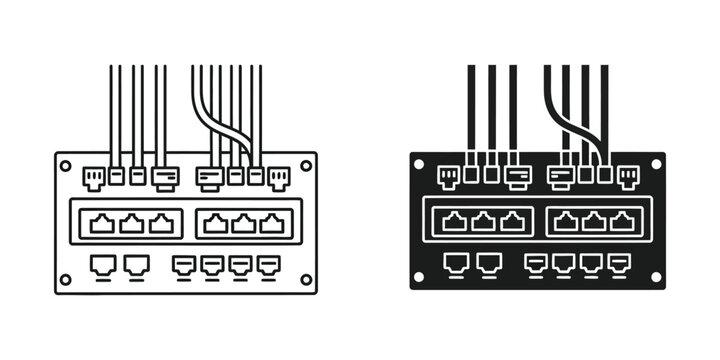 Network patch panel set with ethernet ports and connected cables in outline and solid black style