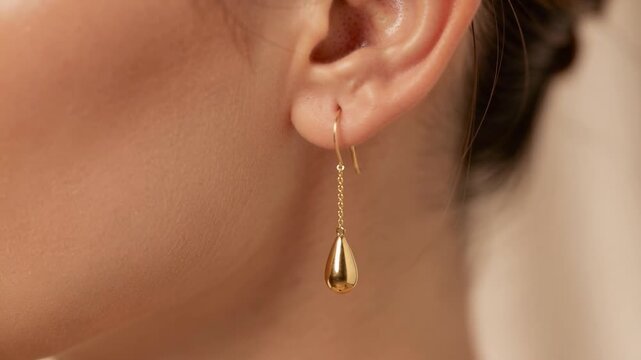 Close up of elegant gold teardrop earring on female ear with smooth skin and brown hair