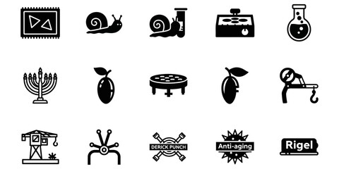 Collection of simple icons including a rug snail test tube and plum on white background © MohiburStock