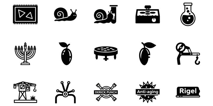 Collection of simple icons including a rug snail test tube and plum on white background