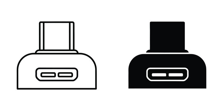 Usb type-c port connector interface in outline and solid black styles for modern electronic device connectivity