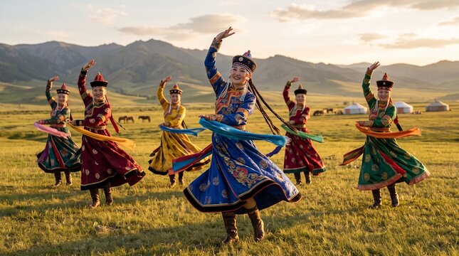 A group of female dancers in vibrant traditional Mongolian dresses dancing gracefully in a lush green grassland with mountains at sunset