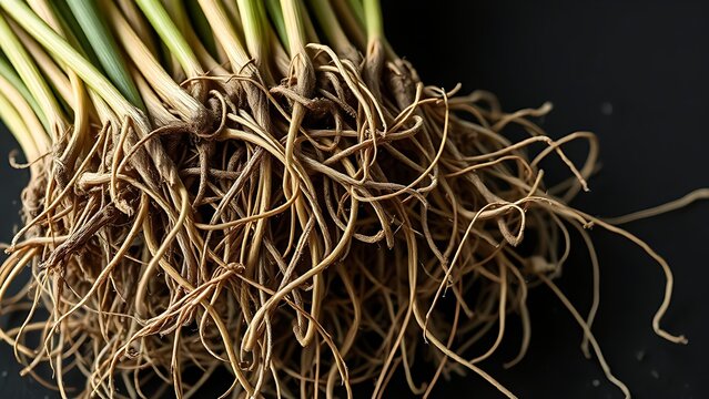 A dense cluster of vetiver grass roots, intricate and detailed on a dark background.