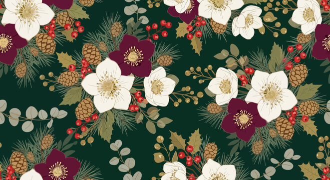 Elegant Winter Floral Pattern with Hellebores, Berries, Pine Cones, and Pine Needles