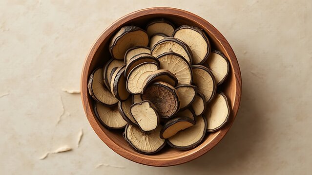 Dried slices of maca root arranged in a rustic wooden bowl, top-down view.