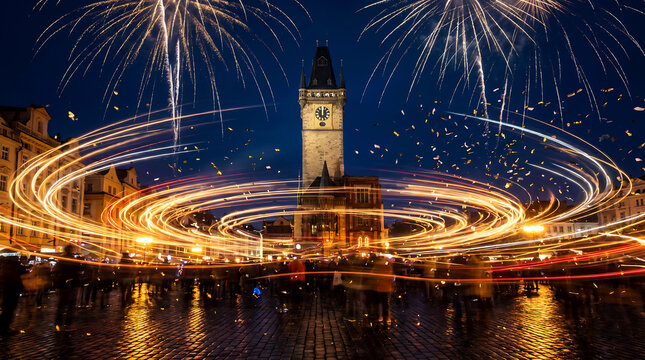 Fireworks exploding over a clock tower in the city at night with light trails