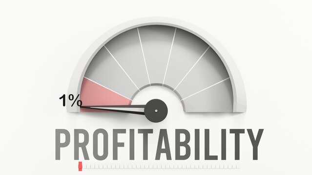 Profitability meter showing low values of profitability. Diminishing to minimum, reaching zero. Lack of profitability. No AI, made by humans for humans. ,3d illustration