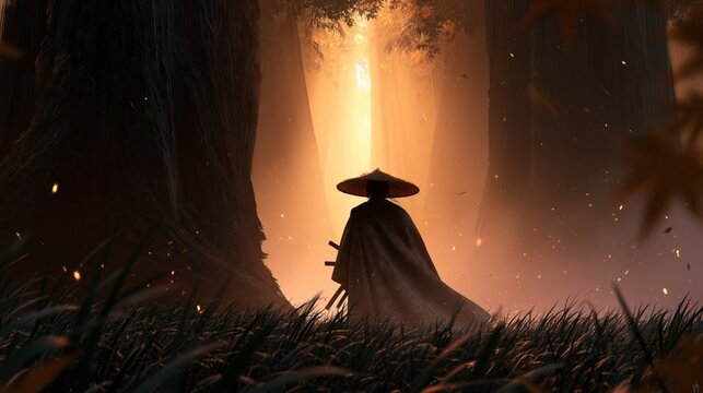 lone ronin beneath ancient trees in misty forest with cinematic golden light
