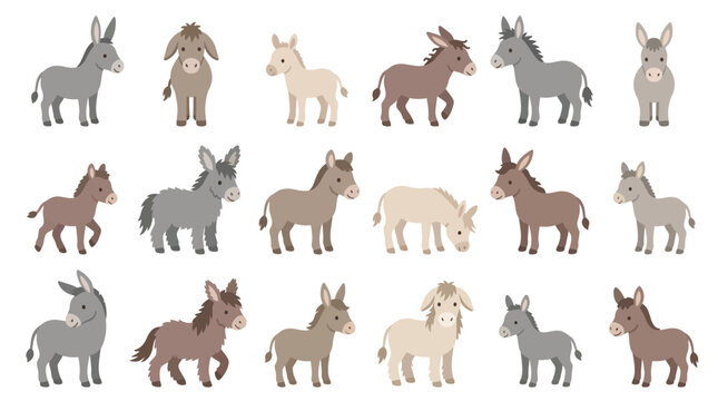 Collection of various donkey illustrations in different poses and colors, isolated on a white background.