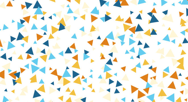 Abstract background pattern with colorful scattered triangles on white surface.