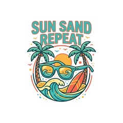 Obraz premium Retro summer beach vector illustration featuring Sun Sand Repeat text with palm trees, sunglasses with ocean wave reflections, surfboard, and sun, ideal for t-shirt design and apparel.