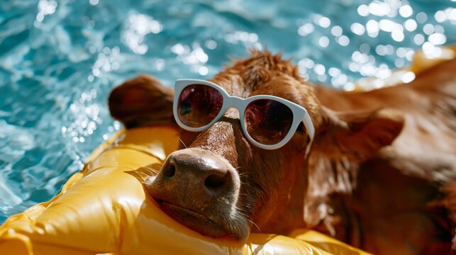 brown cow relaxing on pool float with sunglasses in sunny swimming pool