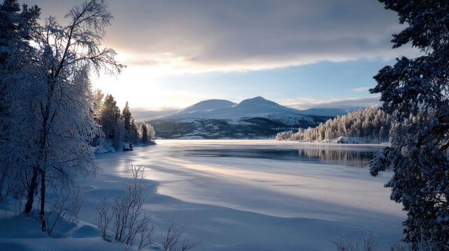 Winter frosty winter landscape. Snow covers ground and trees and air crisp, cold. Perfect winter holidays seasonal themes, tranquility, vacations and holidays. Christmas or New Year winter background