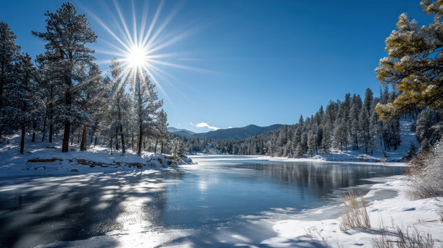 Winter frosty winter landscape. Snow covers ground and trees and air crisp, cold. Perfect winter holidays seasonal themes, tranquility, vacations and holidays. Christmas or New Year winter background