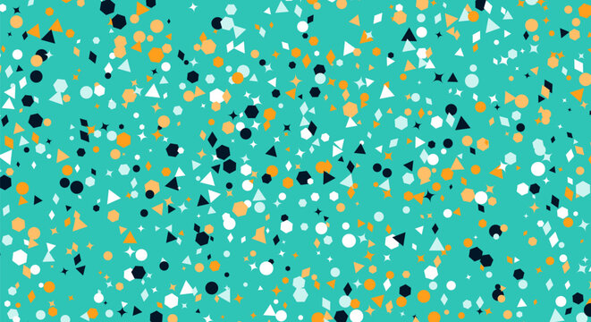 Abstract seamless pattern with geometric confetti shapes on turquoise background.