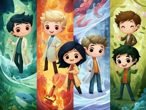 Cute Illustrated Characters Show Different Types of Scientists in Colorful Scenes Highlighting Their Work in Biology, Chemistry, Physics, Engineering, and Math