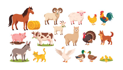 Fototapeta premium Farm animals transparent farm vector set, cute livestock and poultry collection, domestic horse cow pig and sheep icons, countryside pet bird and agriculture design elements.