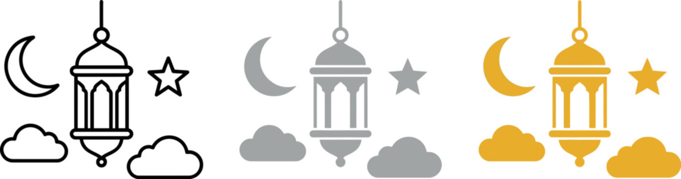 Ramadan lantern with crescent moon, star and clouds vector icon set