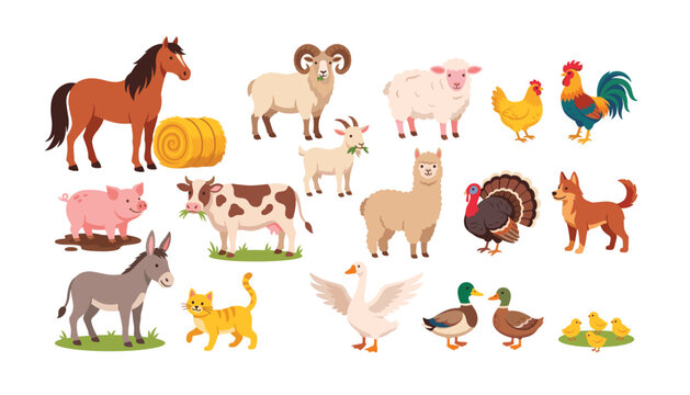 Farm animals transparent farm vector set, cute livestock and poultry collection, domestic horse cow pig and sheep icons, countryside pet bird and agriculture design elements.