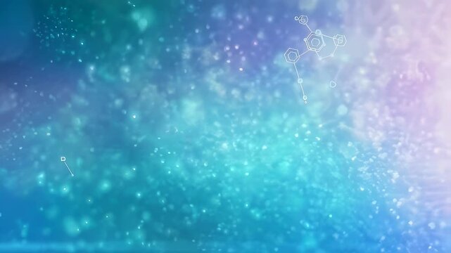 Abstract molecular structure floating in blue digital space. Geometric hexagon grid and particle network. Futuristic science background for biotech data visualization.