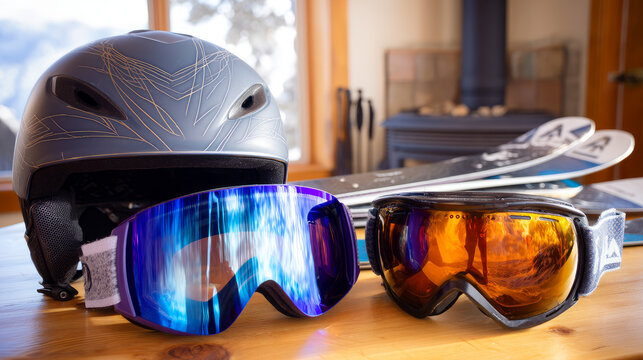 Skier's equipment, snowboarder. Ski helmet, ski goggles and gloves on a wooden background. The concept of skiing, proper clothing and preparation for winter sports