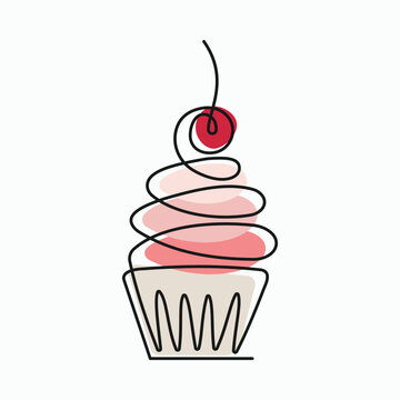 One line drawing of cupcake with cherry on top continuous line, sweet dessert icon doodle sketch in modern minimalist style with pink and beige color fill.