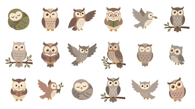 A collection of cute cartoon owls in various poses and activities, perfect for children's illustrations and designs.