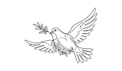 Fototapeta premium Flying peace dove with olive branch continuous line art vector illustration isolated on white background.