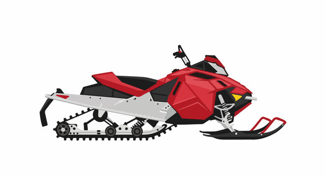 A red and silver snowmobile with a black track and skis