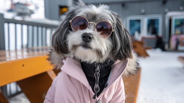 Portrait of little dog in pink jacket and glasses with snowboard or skis on fresh snow, at ski resort on vacation