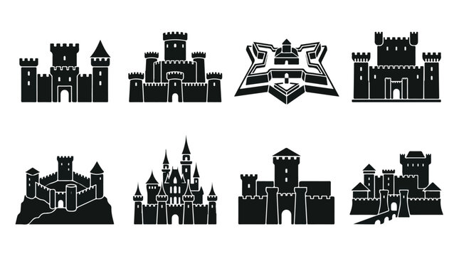 Medieval castle silhouette icons set, 8 black fortress vector illustrations, ancient stone citadel and palace symbols for gaming and history maps
