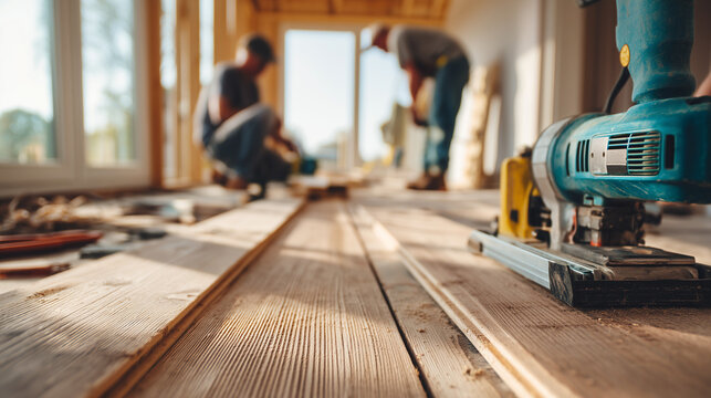 Close-up of a circular saw on a wooden floor during interior renovation. Carpentry tools, hardwood flooring installation, home improvement and construction concept.