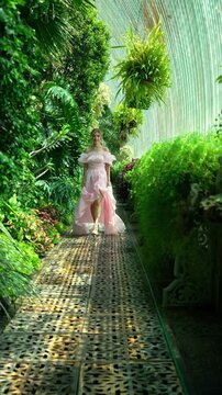 ​A beautiful blonde woman in a romantic off-the-shoulder pink dress walks along a path inside a tropical greenhouse, looking into the camera. Vertical 9:16 format for social media reels and commercial