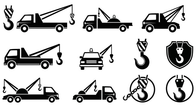 Collection of black and white tow truck and hook icons