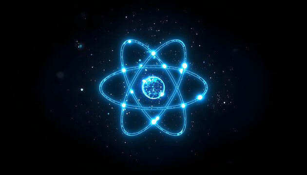 Glowing blue atom model over a dark background. Glowing science icon representing nuclear energy and quantum physics. Futuristic particle design for tech concepts.