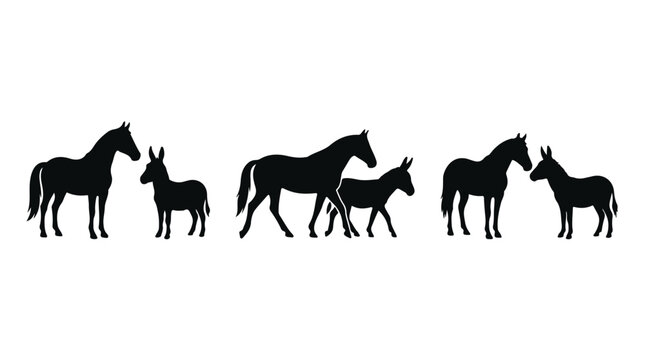 Black horse and donkey silhouettes, farm animal vector set, equine and burro profile icons, minimalist livestock illustrations for logo design