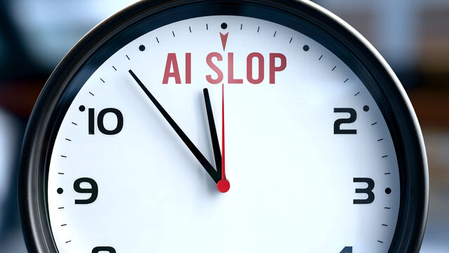 Ai Slop that is going to happen soon. Incoming ai slop, it's expected in the near future. Ai Slop almost here, in a short time - a clock metaphor showing forecasted ai slop. ,3d illustration