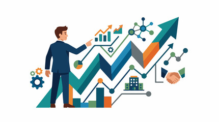 Naklejka premium A man in a blue suit pointing at a large upward-trending graph with various business-related icons