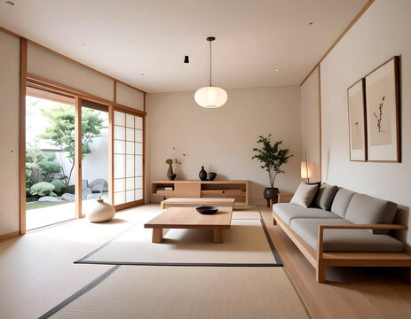 Elegant Japandi living room with natural light and minimalist decor