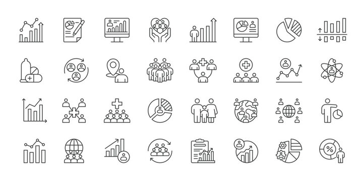 Demographic Trends icons in line design. demographic trends, population, people, statistics, age, growth, analytics on white background vector. Demographic Trends editable stroke icons.