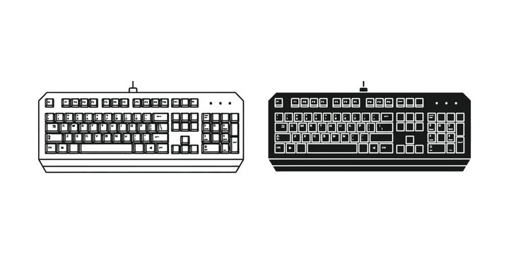 Computer keyboard set, linear and solid black symbols for desktop pc input device and digital typing equipment