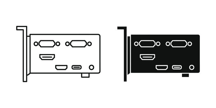 Computer card port panel set featuring dvi hdmi and display port interfaces in outline and solid styles
