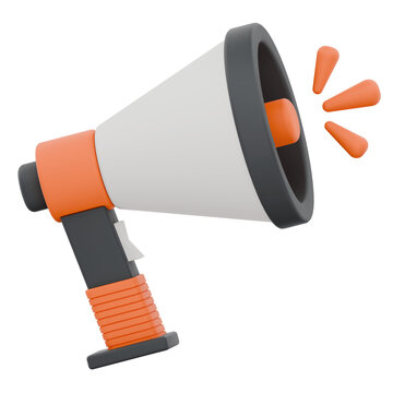 3D rendered orange and white megaphone for marketing and communication.