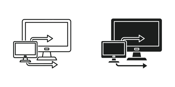 Computer screen data transfer set, outline and solid black symbols for network connectivity and syncing