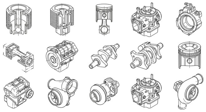 Detailed set of isometric mechanical engine parts for technical illustration design