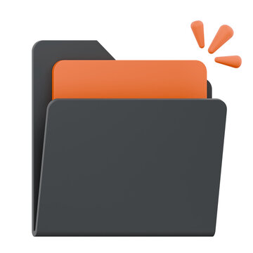 3D rendered icon of a dark grey folder with orange document inside.