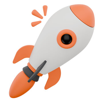 Cute 3D rendered cartoon rocket ship icon for space exploration.