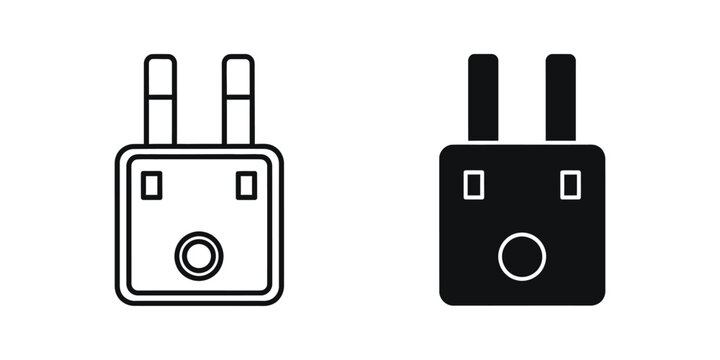 Electrical power plug connector set featuring minimalist square with two prongs and circular port detail